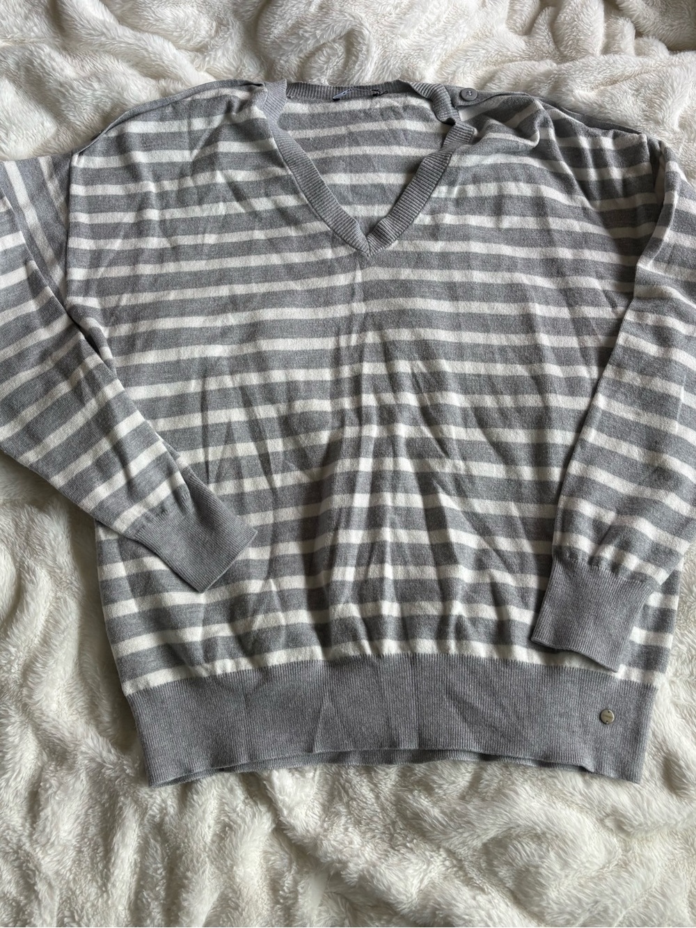 Striped V-Neck Sweater in Light Gray & Cream